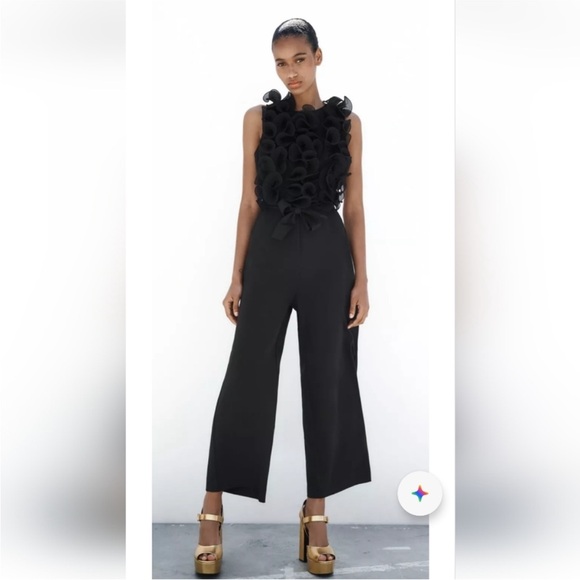 NWT Zara Black Ruffled Top Wide Leg
Jumpsuit,  Sz Medium - Picture 1 of 15